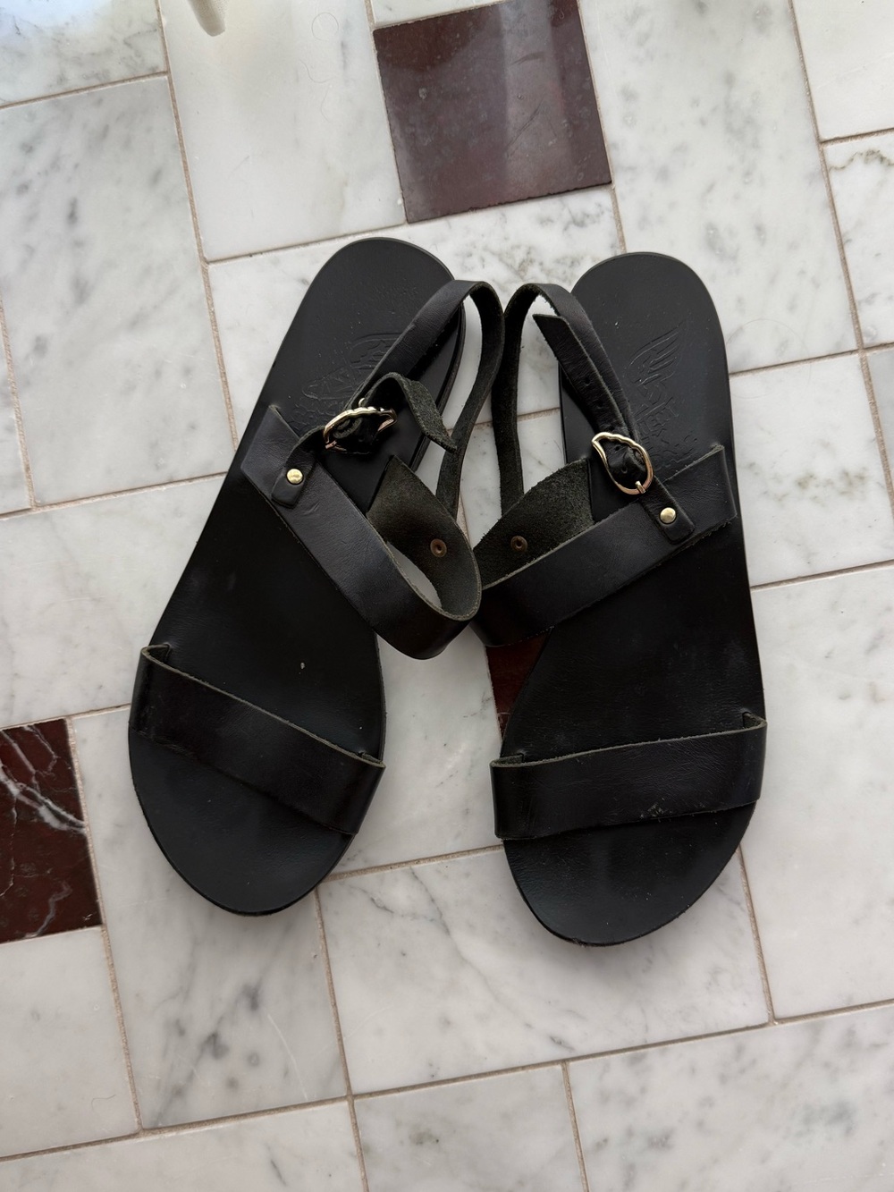 Ancient Greek Black Strappy Leather Sandals, 37